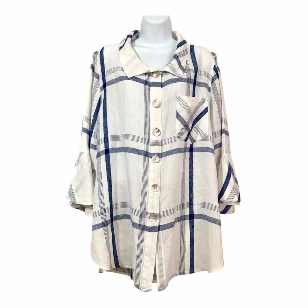 John Mark Blue White Linen Tunic Size Large Lagenlook Bell Sleeve Button Down